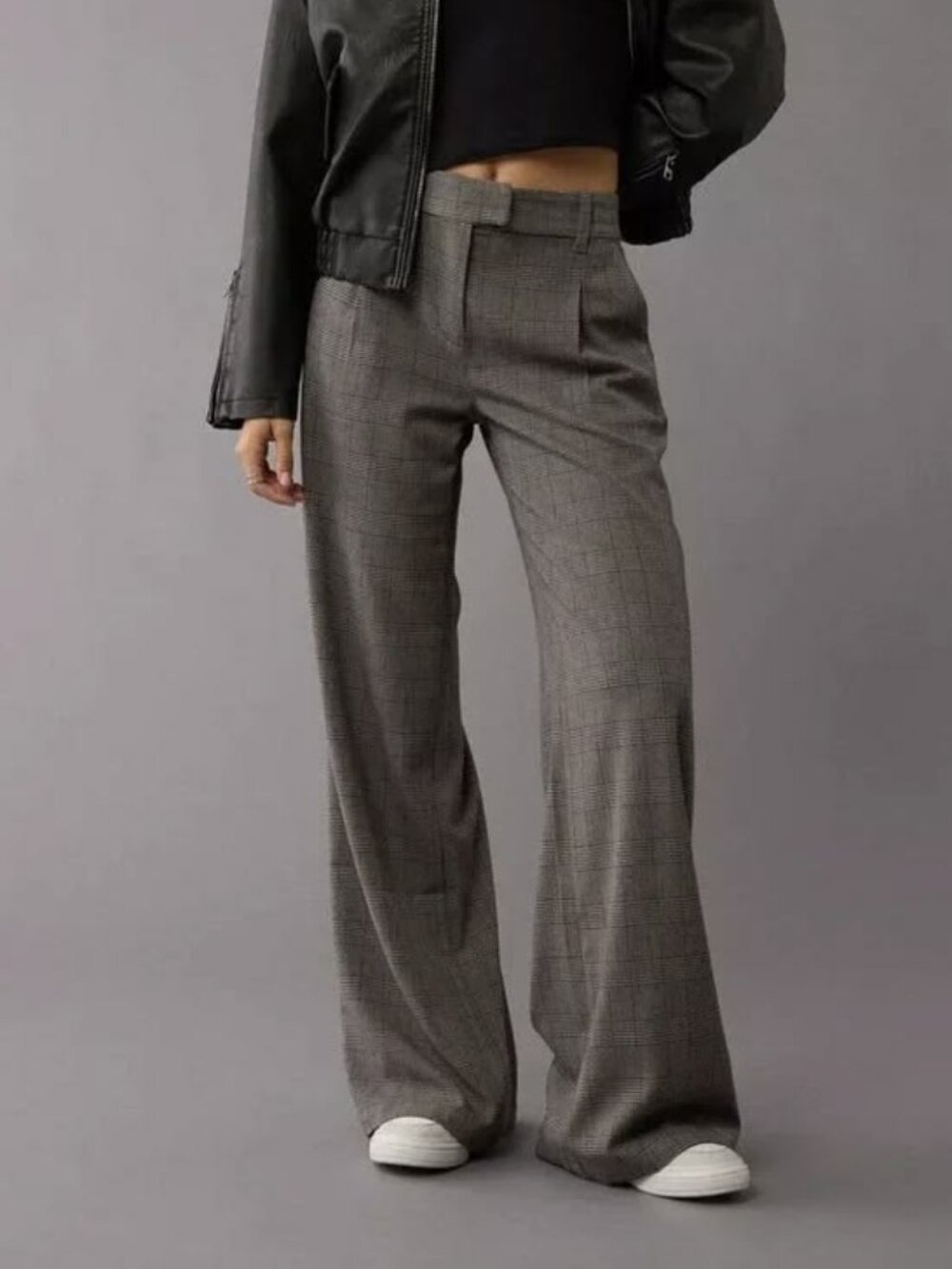 American Eagle Women's Poppy Wide Leg Trouser Stretch Pants in Gray Plaid Size 0
